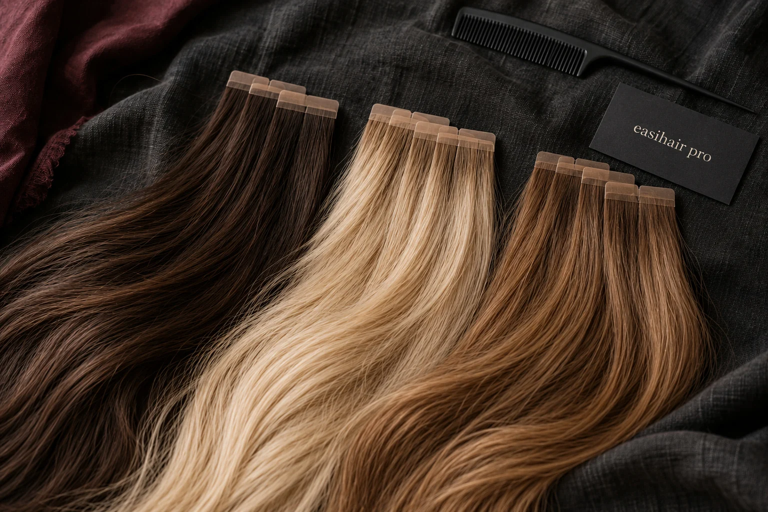 Editorial product concept inspired by easihair pro tape panels in brunette, beige blonde, and caramel tones on charcoal linen