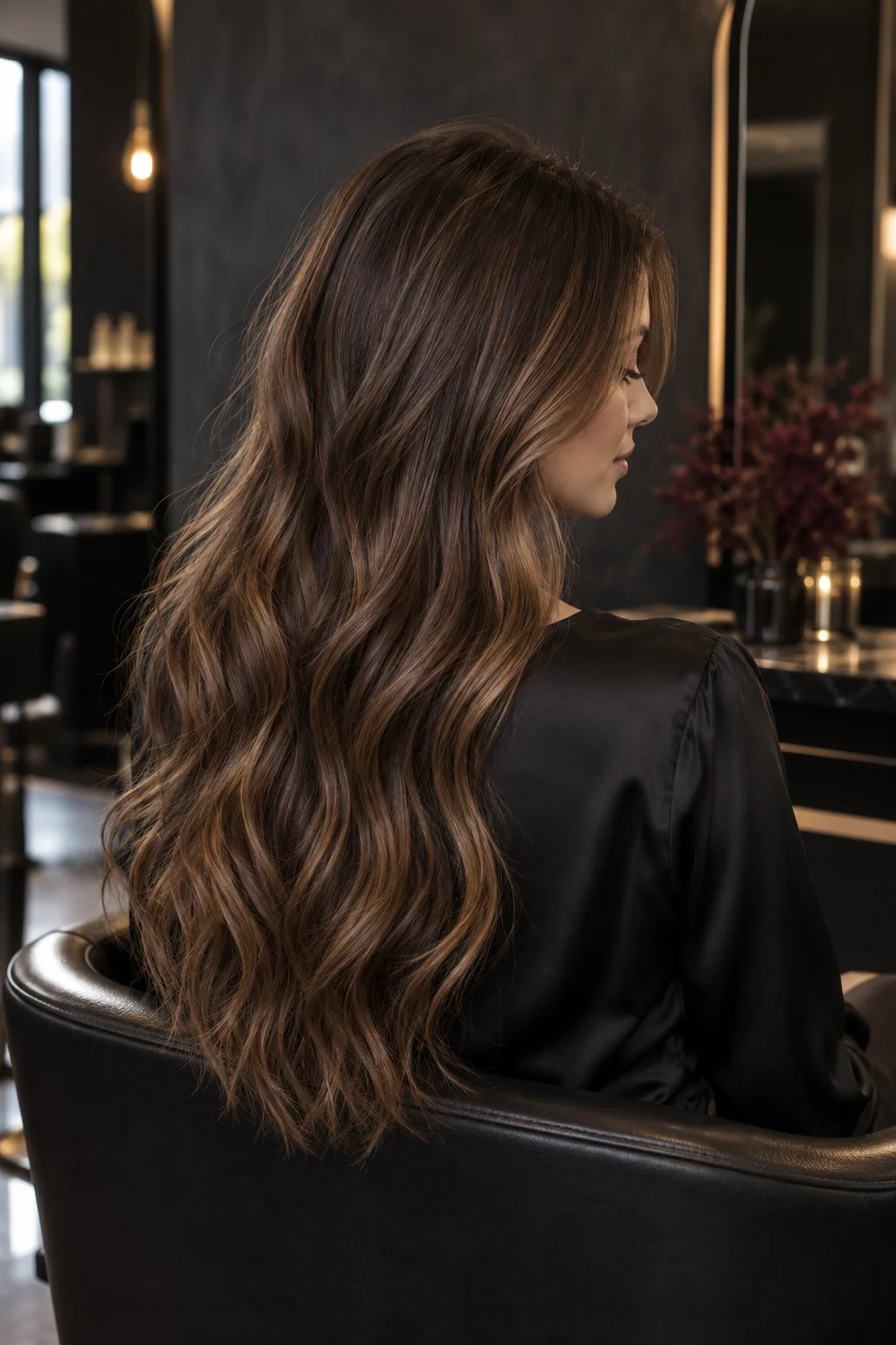 Editorial concept of long chestnut hair with softly blended caramel waves in a salon